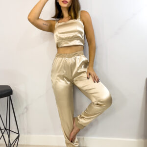 Pijama cropped renda champagne