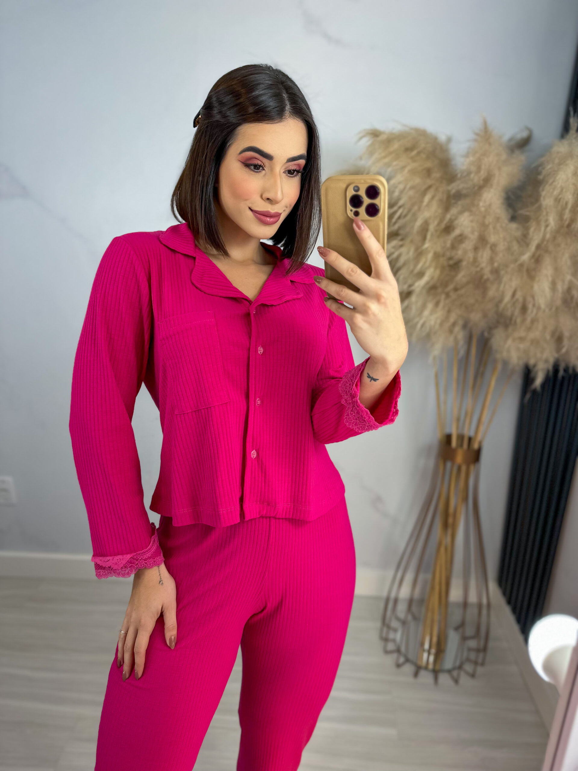 Pijama canelado Manga Longa Pink Lace